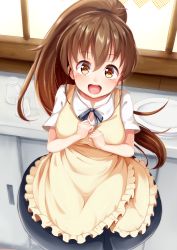 Rule 34 | 1girl, apron, brown eyes, brown hair, cup, drinking glass, highres, igayan, long hair, looking at viewer, open mouth, plate, ponytail, shirt, skirt, smile, solo, taneshima popura, very long hair, waitress, working!!