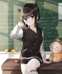 Rule 34 | 1girl, absurdres, animal ears, black hair, black shirt, blush, buttons, cat ears, chalkboard, classroom, collarbone, desk, grey eyes, highres, long hair, looking at viewer, moka 01, on table, pantyhose, shadow, shirt, short shorts, shorts, sitting, socks, sunlight, table, twintails, very long hair, white pantyhose