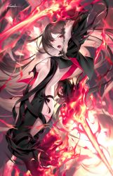 Rule 34 | 1girl, arm strap, arm up, bare shoulders, black dress, black gloves, blurry, blurry foreground, breasts, brown hair, center opening, choker, collarbone, depth of field, dress, dual wielding, earrings, elbow gloves, fangs, fate/grand order, fate (series), fire, floating hair, gloves, holding, holding sword, holding weapon, jewelry, kousaki rui, light particles, light rays, long hair, looking at viewer, medium breasts, multiple earrings, navel, open mouth, petals, red eyes, revealing clothes, sidelocks, signature, solo, strapless, strapless dress, sword, very long hair, weapon, wind, yu mei-ren (fate)