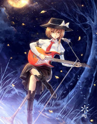 Rule 34 | 1girl, blonde hair, boots, brown hair, dutch angle, female focus, guitar, hat, highres, instrument, kieta, lipstick, makeup, microphone, microphone stand, necktie, open mouth, short hair, sitting, solo, touhou, usami renko, yellow eyes