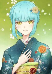 Rule 34 | 1girl, blue hair, braid, closed mouth, commentary request, crown braid, eiyuu densetsu, eyelashes, falcom, falling petals, flower, gradient background, green background, green kimono, hair flower, hair ornament, hand on own chest, highres, japanese clothes, kimono, kuro no kiseki, long bangs, looking at viewer, petals, risette twinings, roshiroshiroppy, short hair, simple background, smile, solo, upper body, yellow eyes, yellow flower