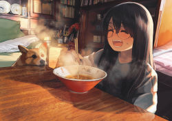 Rule 34 | 1girl, bed, black hair, blush, bowl, chopsticks, closed eyes, commentary request, day, dog, eating, food, hair between eyes, head rest, holding, holding chopsticks, indoors, long hair, long sleeves, morifumi, noodles, on floor, open mouth, original, pillow, ramen, room, shelf, signature, sitting, smile, steam, sweatdrop, table, teeth, welsh corgi
