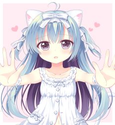 Rule 34 | 1girl, animal ears, antenna hair, blue hair, bow, brown eyes, cat ears, cat girl, cat tail, collarbone, dress, hair between eyes, hair bow, heart, navel, original, outstretched arms, pink background, ribbon trim, riria (happy strawberry), sleeveless, sleeveless dress, solo, tail, tail raised, two-tone background, two side up, white background, white bow, white dress, wrist cuffs