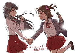 Rule 34 | 2girls, black hair, blazer, brown hair, charin, closed eyes, cowboy shot, facing another, from side, grey jacket, highres, holding, holding hands, holding microphone, idolmaster, idolmaster million live!, jacket, kasuga mirai, long hair, long sleeves, microphone, mogami shizuka, multiple girls, one side up, open clothes, open jacket, open mouth, red neckwear, red skirt, school uniform, shirt, short hair, simple background, skirt, smile, white background, white shirt