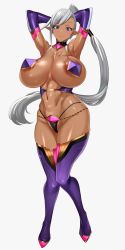 Rule 34 | 1girl, abs, armpits, arms behind head, blue eyes, blush, breasts, dark-skinned female, dark elf, dark skin, elbow gloves, elf, gloves, highres, jewelry, large areolae, large breasts, navel, nipple covers, panties, pasties, pointy ears, ponytail, revealing clothes, silver hair, smile, solo, thighhighs, thighs, underwear, white background, yanazuri (kimossari337)
