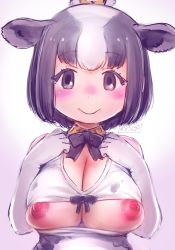 Rule 34 | 1girl, animal ears, animal print, black eyes, black hair, blush, breasts, breasts out, camouflage, camouflage shirt, cow ears, cow girl, cow print, grey horns, highres, holstein friesian cattle (kemono friends), horns, kemono friends, large areolae, large breasts, looking at viewer, masuyama ryou, nipples, ox ears, ox girl, ox horns, print shirt, puffy nipples, shirt, smile, solo