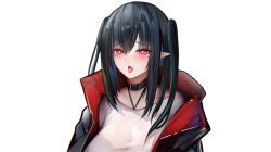 Rule 34 | 1girl, arknights, bad id, bad pixiv id, binggong asylum, black choker, black hair, black jacket, choker, closure (arknights), commentary request, fang, hair between eyes, halterneck, heart, heart-shaped pupils, highres, jacket, long hair, open clothes, open jacket, pink eyes, pointy ears, shirt, simple background, skin fang, solo, symbol-shaped pupils, tongue, tongue out, upper body, white background, white shirt