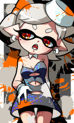 Rule 34 | + +, 1girl, :o, bike shorts, blush, breasts, chestnut mouth, cleavage, detached collar, dress, earrings, fang, gloves, hair rings, inkling, jewelry, marie (splatoon), mole, mole under eye, navel, nintendo, no legwear, object on head, open mouth, pointy ears, short hair, shorts under dress, silver hair, small breasts, solo, splatoon (series), splatoon 1, strapless, strapless dress, supikuru, symbol-shaped pupils, tentacle hair, white gloves, yellow eyes