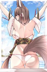 Rule 34 | 1girl, absurdres, amagi (azur lane), animal ears, arms up, ass, azur lane, back, backboob, bikini, blue sky, blush, breasts, brown eyes, brown hair, dated commentary, day, fox ears, fox girl, fox tail, hair ornament, hair tubes, highres, large breasts, long hair, looking at viewer, looking back, outdoors, poolside, samip, shoulder blades, sky, solo, standing, swimsuit, tail, thighs, very long hair, white bikini