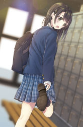 Rule 34 | 1girl, :o, bag, bench, blue legwear, blue skirt, blurry, blush, brown eyes, brown footwear, brown hair, depth of field, dutch angle, fang, hair ornament, hairclip, jacket, kneepits, loafers, locker, long hair, looking back, open mouth, original, plaid, plaid skirt, pleated skirt, putting on shoes, school bag, shoes, shoulder bag, skirt, solo, standing, standing on one leg, ueno tomo, wooden bench