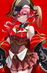 Rule 34 | 1girl, absurdres, bare shoulders, belt, breasts, buttons, cleavage, coat, commentary request, covered navel, eyepatch, unworn eyepatch, hat, heterochromia, highres, hololive, houshou marine, houshou marine (1st costume), large breasts, long hair, long sleeves, looking at viewer, navel, off shoulder, parted lips, pension z, pirate hat, pleated skirt, red background, red eyes, red hair, red skirt, see-through, see-through cleavage, simple background, skirt, sleeveless, solo, twintails, virtual youtuber, yellow eyes