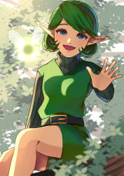 1girl absurdres belt belt_buckle black_belt blue_eyes breasts buckle fairy_wings green_sweater green_tunic grey_hair highres long_sleeves looking_at_viewer medium_breasts mi9clous navi nintendo open_mouth pointy_ears saria_(zelda) short_hair sitting smile sweater swept_bangs the_legend_of_zelda the_legend_of_zelda:_ocarina_of_time tunic turtleneck turtleneck_sweater upper_body waving wings