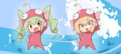 Rule 34 | :d, aged down, anchovy (girls und panzer), anglerfish costume, anglerfish dance, arm up, blonde hair, blue eyes, blue sky, blush stickers, bodysuit, child, commentary, dancing, day, drill hair, fang, fish costume, fish hat, girls und panzer, green hair, hand on own hip, hat, head tilt, highres, jinguu (4839ms), katyusha (girls und panzer), long hair, open mouth, outdoors, pink bodysuit, pink headwear, red eyes, short hair, sky, smile, standing, twin drills, twintails, waves