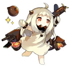 Rule 34 | 10s, 1girl, abyssal ship, ahoge, aircraft, chibi, colored skin, dress, enemy aircraft (kancolle), holding, horns, kantai collection, lino-lin, long hair, lowres, machinery, mittens, northern ocean princess, orange eyes, sparkle, transparent background, turret, white dress, white hair, white skin