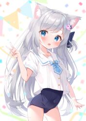 Rule 34 | 1girl, animal ear fluff, animal ears, arm up, blue eyes, blue one-piece swimsuit, blush, cat ears, cat girl, covered navel, grey hair, hair ornament, hairclip, highres, long hair, matchanear, no pants, old school swimsuit, one-piece swimsuit, open mouth, original, ribbon, school swimsuit, shirt, short sleeves, solo, swimsuit, swimsuit under clothes, thighs, v, virtual youtuber, white shirt