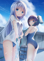 Rule 34 | 2girls, :o, absurdres, ass, back, bare arms, bare shoulders, blouse, blue eyes, blue hair, blue one-piece swimsuit, blue sky, blush, bob cut, breasts, broom, building, cloud, competition school swimsuit, contrail, day, embarrassed, empty pool, from side, fuiba fuyu, gochuumon wa usagi desu ka?, hair between eyes, hair ornament, halterneck, highres, holding, holding broom, holding hose, hose, kafuu chino, kneepits, ladder, long hair, multiple girls, one-piece swimsuit, outdoors, parted lips, pizzzica, pool, purple hair, school swimsuit, scowl, see-through, shirt, short sleeves, sky, small breasts, standing, swimsuit, swimsuit under clothes, thighs, very long hair, water, water drop, white shirt, x hair ornament