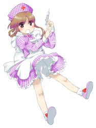 Rule 34 | 1girl, apron, asymmetrical hair, bloomers, bow, braided hair rings, brown hair, cross, dress, eyes visible through hair, footwear bow, frilled dress, frills, hat, holding, holding syringe, juliet sleeves, long sleeves, nonamejd, nurse cap, official style, parted bangs, pink eyes, pink footwear, plaid, plaid dress, plaid headwear, puffy sleeves, red bow, red cross, rika (touhou), shoes, simple background, sleeve cuffs, socks, solo, syringe, touhou, touhou (pc-98), underwear, white apron, white background, white bloomers, white socks, zun (style)