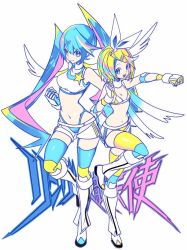 Rule 34 | boots, clenched hands, hatsune miku, kagamine rin, manbou no ane, open mouth, ring no seraph (vocaloid), simple background, smile, song name, sports bra, standing, standing on one leg, thighhighs, two-tone legwear, vocaloid, white background, white footwear, wings, wrestling outfit