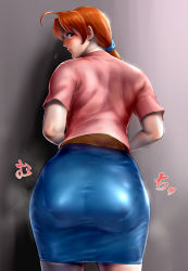 Rule 34 | 1girl, :p, absurdres, ahoge, ass, bad id, bad pixiv id, blush, brown eyes, brown hair, colored skin, creatures (company), curvy, delia ketchum, flying sweatdrops, game freak, highres, huge ass, ikuchan kaoru, long hair, looking at viewer, looking back, mature female, multicolored skin, nintendo, pantylines, pencil skirt, pokemon, ponytail, profile, skirt, solo, tongue, tongue out, translation request, wide hips