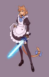 Rule 34 | 1boy, alternate costume, animal ear fluff, animal ears, apron, bell, black thighhighs, blonde hair, blue bow, blue eyes, bow, brown gloves, cat, cat boy, cat ears, cat tail, crossdressing, dress, earrings, enmaided, fang, fingerless gloves, frills, full body, garter straps, gloves, glowing, glowing sword, glowing weapon, holding, holding sword, holding weapon, jewelry, link, maid, male focus, male maid, master sword, maykitz, nintendo, pointy ears, puffy sleeves, purple background, short hair, sidelocks, simple background, skin fang, smile, solo, sword, tail, tail bell, tail bow, tail ornament, the legend of zelda, the legend of zelda: breath of the wild, thighhighs, weapon