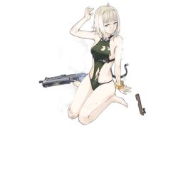 Rule 34 | 1girl, arm up, bare shoulders, barefoot, blue eyes, damaged, full body, girls&#039; frontline, green one-piece swimsuit, gun, hair ornament, hair scrunchie, hao (patinnko), helical magazine, high-capacity magazine, looking at viewer, official alternate costume, official art, one-piece swimsuit, parted lips, pp-19 (girls&#039; frontline), pp-19 (icy summer) (girls&#039; frontline), pp-19 bizon, scrunchie, short hair, sitting, sleeveless, solo, submachine gun, swimsuit, torn clothes, torn swimsuit, transparent background, weapon, yellow scrunchie