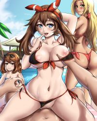 Rule 34 | 1boy, 3girls, ass, bikini, blonde hair, blush, bow, breasts, brown hair, butt crack, clothing aside, collarbone, cowgirl position, creatures (company), day, eyewear on head, game freak, grabbing, grabbing another&#039;s breast, hair bow, heart, heart-shaped pupils, hetero, highres, large breasts, leonart, lip biting, looking at another, looking at viewer, may (pokemon), multiple girls, navel, nintendo, npc trainer, palm tree, panties, panties aside, pokemon, pokemon oras, pokemon xy, pool, pov, pov crotch, pov hands, public indecency, sex, sky, smile, straddling, string bikini, sunglasses, swimmer (pokemon), swimsuit, symbol-shaped pupils, tongue, tongue out, tree, uncensored, underwear, vaginal