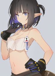 Rule 34 | 1girl, arknights, awa iro, bare shoulders, black hair, blue eyes, blue hair, blunt bangs, breasts, camisole, cleavage, closed mouth, colored inner hair, crop top, eunectes (arknights), eunectes (forgemaster) (arknights), gloves, hand on own chin, highres, multicolored hair, navel, official alternate costume, pointy ears, short hair, simple background, solo, two-tone hair