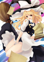 Rule 34 | 1girl, :d, absurdres, apron, between legs, between thighs, blonde hair, book, bow, broom, broom riding, brown eyes, hair bow, hair ribbon, hat, hat bow, hat ribbon, highres, hip focus, kirisame marisa, long hair, open mouth, paper, ribbon, skirt, skirt set, skirt tug, smile, solo, thighs, touhou, vest, waist apron, wavy hair, witch hat, wuzhuang caikuangche
