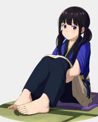 Rule 34 | 1girl, absurdres, barefoot, black hair, blue kimono, closed mouth, commentary, commentary request, feet, highres, inoue takina, japanese clothes, kimono, long hair, looking at viewer, lycoris recoil, purple eyes, resolution mismatch, revision, simple background, sitting, solo, source smaller, tatami, tbear, toenails, toes, white background