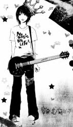 Rule 34 | 1boy, 1girl, androgynous, crown, full body, greyscale, guitar, instrument, male focus, monochrome, pants, short hair, solo, standing, treble clef