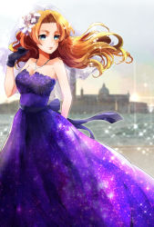Rule 34 | 1girl, arm behind back, bad id, bad pixiv id, black gloves, bleach, blue eyes, blurry, blurry background, breasts, bridal veil, brown hair, cleavage, collarbone, dress, floating hair, flower, gloves, gown, hair flower, hair ornament, hand up, jewelry, large breasts, long dress, long hair, looking away, looking to the side, matsumoto rangiku, mole, mole under mouth, necklace, outdoors, purple dress, sash, sleeveless, sleeveless dress, solo, sparkle, standing, strapless, strapless dress, sunset, umi (pixiv6861961), veil, white flower, wind