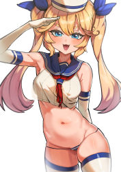 Rule 34 | 1girl, blonde hair, breasts, de tonation, highres, last origin, thetis (last origin), navel, panties, sailor collar, salute, skindentation, small breasts, solo, thick thighs, thighhighs, thighs, twintails, underwear