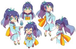 Rule 34 | 1girl, :d, :o, blue hair, blue kimono, blush, colored tips, crossed arms, crying, crying with eyes open, closed eyes, from behind, fubukihime, full body, green eyes, hair ornament, highres, ice, japanese clothes, kimono, long hair, looking at viewer, multicolored hair, multiple views, obi, open mouth, ponytail, roku no hito, sandals, sash, simple background, smile, tears, two-tone hair, upper body, white background, youkai watch, yukata