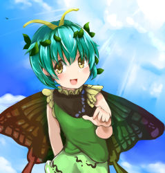 Rule 34 | 1860 (ichi), 1girl, antennae, aqua hair, blush, butterfly wings, day, dress, eternity larva, fairy, green dress, hair between eyes, insect wings, leaf, leaf on head, looking at viewer, multicolored clothes, multicolored dress, open mouth, short hair, single strap, smile, solo, touhou, upper body, wings, yellow eyes