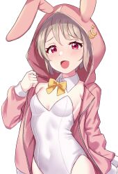 Rule 34 | 1girl, :d, absurdres, animal ears, animal hood, arm at side, arm up, blunt ends, blush, bow, bowtie, breasts, cleavage, clothes grab, collar, covered navel, detached collar, eyelashes, furrowed brow, hand up, highres, hood, hood up, hooded jacket, hoodie, jacket, leotard, light brown hair, linatai, long sleeves, looking at viewer, love live!, love live! nijigasaki high school idol club, nakasu kasumi, open clothes, open hoodie, open jacket, open mouth, pink hoodie, pink jacket, playboy bunny, rabbit hood, red eyes, short hair, simple background, small breasts, smile, solo, upper body, white background, white collar, white leotard, yellow bow, yellow bowtie