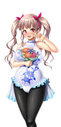Rule 34 | 1girl, :d, bare shoulders, black pantyhose, blunt bangs, blush, bouquet, bow, breast hold, breasts, brown hair, cameltoe, female focus, floral print, flower, frills, hair bow, holding, holding flower, large breasts, legs together, leotard, long hair, nose blush, open mouth, original, pantyhose, red eyes, shousan bouzu, sidelocks, simple background, smile, solo, standing, tongue, twintails, v, v over eye, white background