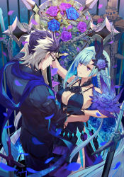 Rule 34 | 1boy, 1girl, alternate costume, alternate hairstyle, arm up, asymmetrical bangs, black dress, black gloves, blue flower, blue hair, blue pants, blue petals, blue rose, blue scarf, blue shirt, blue theme, braid, breasts, brynhildr (fate), chain, cleavage, cleavage cutout, closed mouth, clothing cutout, commentary request, cowboy shot, csyday, dancing, dress, eyes visible through hair, falling petals, fate/grand order, fate (series), flower, glasses, gloves, hair between eyes, hair ornament, halter dress, halterneck, hand on another&#039;s waist, leaf, long hair, looking at another, medium breasts, multicolored hair, open mouth, pants, petals, plant, planted, planted sword, planted weapon, purple eyes, purple flower, purple hair, purple rose, resolution mismatch, rose, scarf, shirt, short hair, signature, sigurd (fate), sigurd (memories with my lover) (fate), sleeves rolled up, smile, source smaller, spiked hair, standing, sword, two-tone hair, weapon, white hair