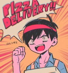 Rule 34 | 1boy, bags under eyes, black hair, blue shirt, blurry, box, clenched hand, collarbone, depth of field, emphasis lines, english text, hat, highres, holding, holding box, male focus, menma (enaic31), omori, open mouth, orange background, pizza delivery, red hat, shirt, short hair, solo, speech bubble, sunny (omori), teeth, translation request, upper teeth only, visor cap, white eyes
