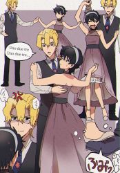 Rule 34 | 1boy, 1girl, :d, anger vein, ankle strap, arm up, black hair, blonde hair, caro bambino, collared shirt, couple, dancing, dress, dress shoes, earrings, food print, formal, genderswap, genderswap (mtf), hairband, halter dress, halterneck, hand on another&#039;s back, hand on another&#039;s shoulder, hetero, high heels, highres, holding hands, italian text, jewelry, jojo no kimyou na bouken, layered dress, multiple views, narancia ghirga, necktie, open mouth, pannacotta fugo, parted bangs, purple hair, shaded face, shirt, short hair, smile, speech bubble, spinning, stepped on, strappy heels, strawberry print, suit, sweat, translation request, vento aureo, vest