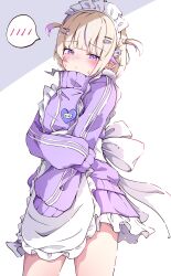 Rule 34 | 1girl, absurdres, apron, blonde hair, blush, closed mouth, cowboy shot, hair ornament, hairclip, hand up, highres, hololive, hololive dev is, jacket, jersey maid, long sleeves, looking at viewer, maid, maid headdress, multicolored hair, purple eyes, purple hair, purple jacket, simple background, sleeves past fingers, sleeves past wrists, solo, spoken blush, streaked hair, sweat, t4n4k4 no yosei, todoroki hajime, two side up, unconventional maid, virtual youtuber, white apron, white background