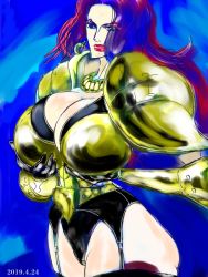 Rule 34 | 1girl, armor, ass, baccarat (one piece), black gloves, breasts, cleavage, dress, full body, gloves, gmotida, hand on own hip, high heels, huge breasts, large breasts, long hair, one piece, red hair, sleeveless, smile