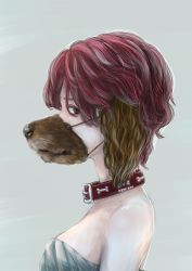 Rule 34 | 1girl, brown eyes, brown hair, collar, dog mask, female focus, from side, go oekaki, highres, mask, mouth mask, multicolored hair, original, pink hair, profile, sideways glance, solo, strapless, whiskers