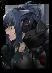 Rule 34 | 1girl, 1other, absurdres, ambiguous gender, animal ears, ao oni (onioni-aoi), arknights, black border, black gloves, black jacket, black shirt, blood, blood on face, blue hair, border, cat ears, cat tail, crying, crying with eyes open, gloves, green eyes, headphones, highres, implied extra ears, jacket, jessica (arknights), jessica (ash) (arknights), lower teeth only, multicolored hair, official alternate costume, open clothes, open jacket, open mouth, outside border, pink hair, ponytail, profile, shirt, streaked hair, tail, tears, teeth, upper body