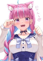 Rule 34 | 1girl, :d, absurdres, ahoge, animal ear fluff, animal ears, black nails, blue bow, blue bowtie, blue choker, blue hair, blue sailor collar, blue skirt, blunt bangs, blush, bow, bowtie, braid, breasts, cat ears, choker, commentary, fang, french braid, frilled sailor collar, frills, high-waist skirt, highres, hololive, jacket, large breasts, leeshin0919, long hair, long sleeves, looking at viewer, low twintails, minato aqua, minato aqua (sailor), multicolored hair, nail polish, official alternate costume, official alternate hairstyle, open clothes, open jacket, open mouth, paw pose, pleated skirt, purple eyes, purple hair, ribbon choker, sailor collar, sailor shirt, shirt, simple background, skirt, smile, solo, streaked hair, twin braids, twintails, two-tone hair, underbust, upper body, virtual youtuber, white background, white jacket, white shirt