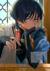 Rule 34 | 1boy, black bridal gauntlets, blue eyes, blue hair, blush, bridal gauntlets, closed mouth, cocktail glass, cup, drinking glass, drunk, eyeliner, genshin impact, head rest, highres, holding, holding cup, inoi today, japanese clothes, makeup, male focus, red eyeliner, scaramouche (genshin impact), solo, twitter username, unworn headwear, wanderer (genshin impact)