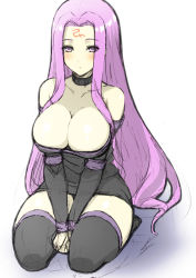 Rule 34 | 1girl, bare shoulders, between thighs, black thighhighs, blush, breasts, cleavage, collar, curvy, detached sleeves, dress, facial mark, fate/stay night, fate (series), forehead mark, huge breasts, large breasts, long hair, medusa (fate), medusa (rider) (fate), own hands clasped, own hands together, purple eyes, purple hair, seiza, sitting, sketch, solo, square pupils, strapless, strapless dress, thick thighs, thighhighs, thighs, very long hair, wakame, zettai ryouiki