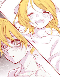 Rule 34 | 1boy, 1girl, ^ ^, blonde hair, blush, closed eyes, collarbone, dress, grey background, hat, highres, kagamine len, kagamine rin, looking to the side, mimi mine, monochrome, open mouth, shirt, short sleeves, shuujin/kami hikouki (vocaloid), sideways glance, sketch, smile, spot color, sun hat, sundress, tearing up, torn clothes, torn shirt, vocaloid