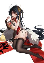 Rule 34 | 1girl, absurdres, ahoge, awwwwys, azur lane, bare shoulders, between breasts, black hair, body writing, breasts, bridal gauntlets, calligraphy, calligraphy brush, china dress, chinese clothes, chinese new year, cleavage, cleavage cutout, clothing cutout, crossed bangs, dress, fishnets, garter belt, hair ornament, highres, holding, holding brush, holding calligraphy brush, holding paintbrush, hongbao, huge breasts, ink, lace, lace-trimmed thighhighs, large breasts, long hair, manjuu (azur lane), no shoes, official alternate costume, one side up, paintbrush, pelvic curtain, red dress, sleeveless, sleeveless dress, taihou (azur lane), taihou (phoenix&#039;s spring song) (azur lane), thighhighs, white background