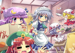 Rule 34 | &gt; &lt;, 5girls, :3, = =, anger vein, apron, bat wings, blonde hair, blue eyes, blue hair, blush, box, braid, chair, chibi, chicken (food), closed eyes, colonel aki, egg, egg (food), falling, female focus, flandre scarlet, flying, food, frying pan, hat, hong meiling, in box, in container, izayoi sakuya, kitchen, knife, ladle, lettuce, long hair, maid, maid apron, maid headdress, multiple girls, open mouth, patchouli knowledge, purple eyes, purple hair, red eyes, red hair, remilia scarlet, short hair, silver hair, spatula, sunny side up egg, sweatdrop, touhou, twin braids, wings