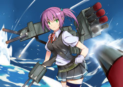 Rule 34 | 10s, 1girl, 5-shiki, absurdres, alternate eye color, firing, gloves, green eyes, hair bobbles, hair ornament, highres, kantai collection, looking at viewer, neck ribbon, pink hair, pleated skirt, ponytail, red ribbon, ribbon, rocket, rocket launcher, school uniform, shiranui (kancolle), skirt, solo, thigh strap, torpedo, vest, water, weapon, white gloves